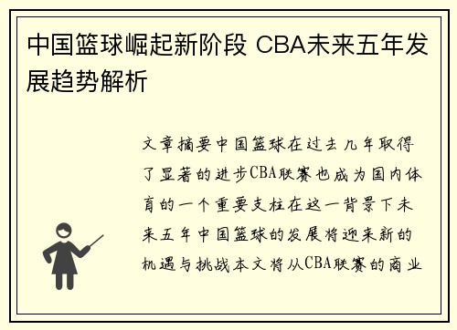 中国篮球崛起新阶段 CBA未来五年发展趋势解析